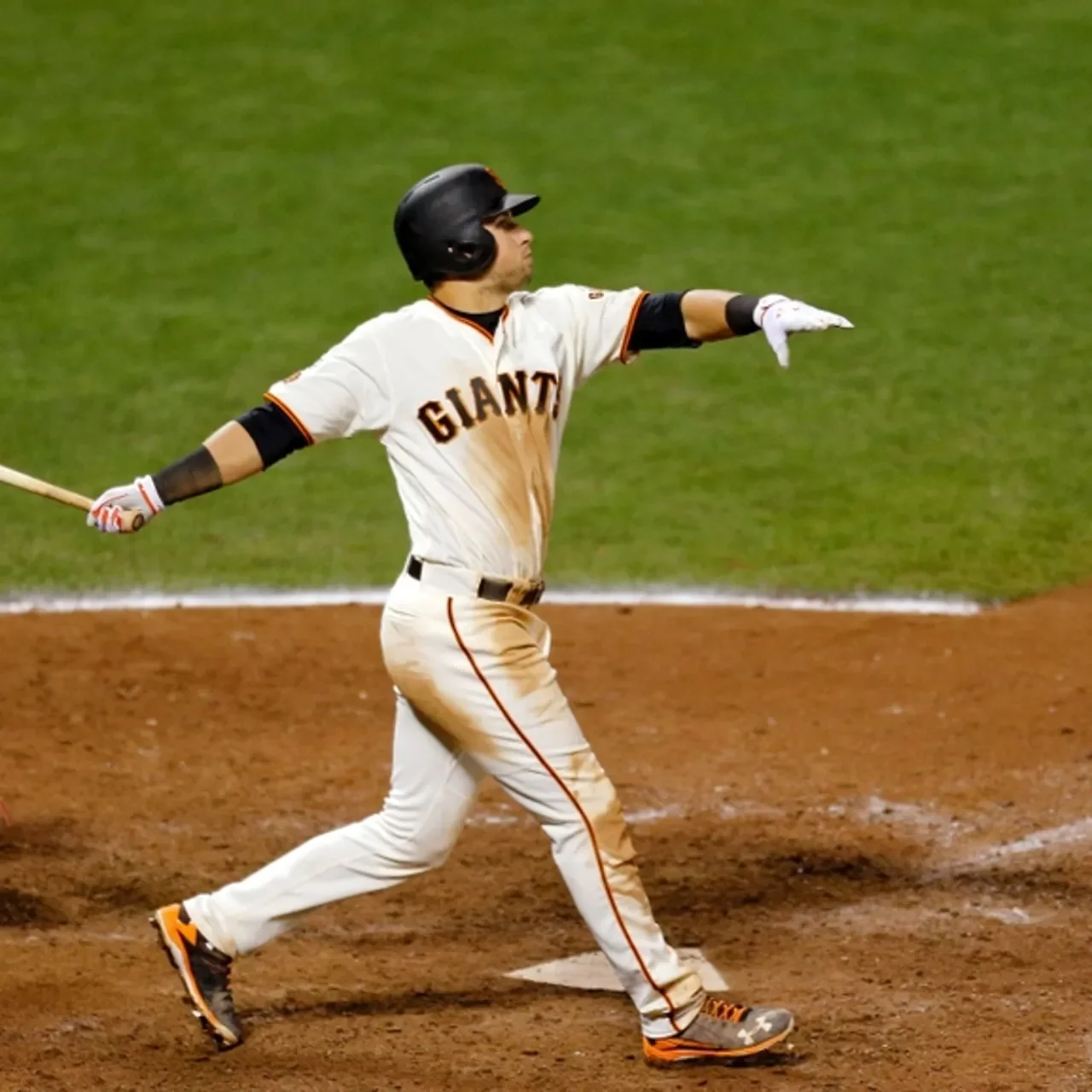 Joe Panik taking an at-bat during a Major League Baseball game with the San Francisco Giants.
