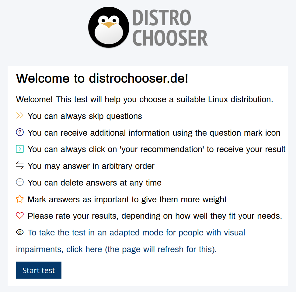 Screenshot from the website Distrochooser