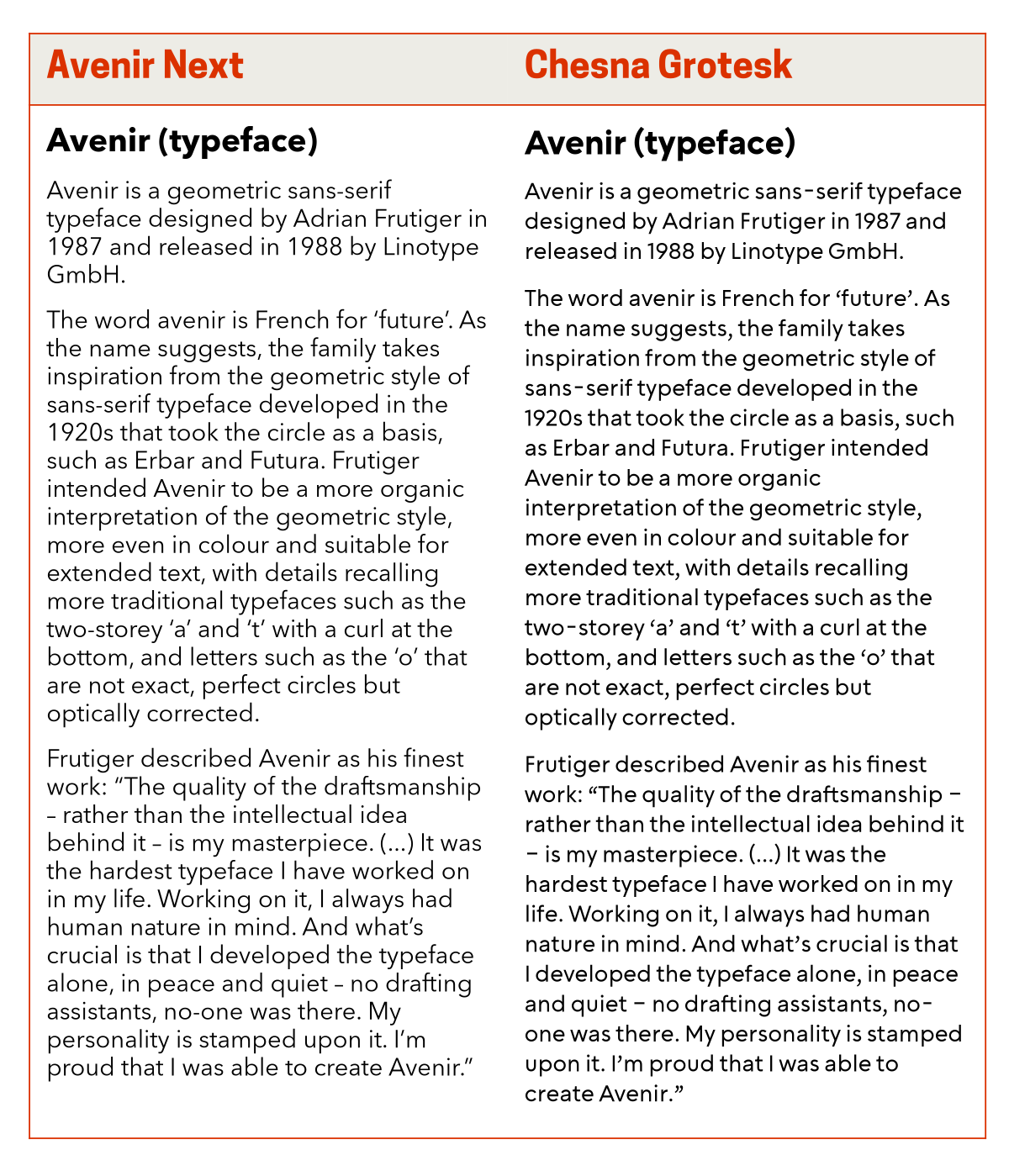 Graphic comparing a block of text set in Avenir Next with text set in Chesna Grotesk.