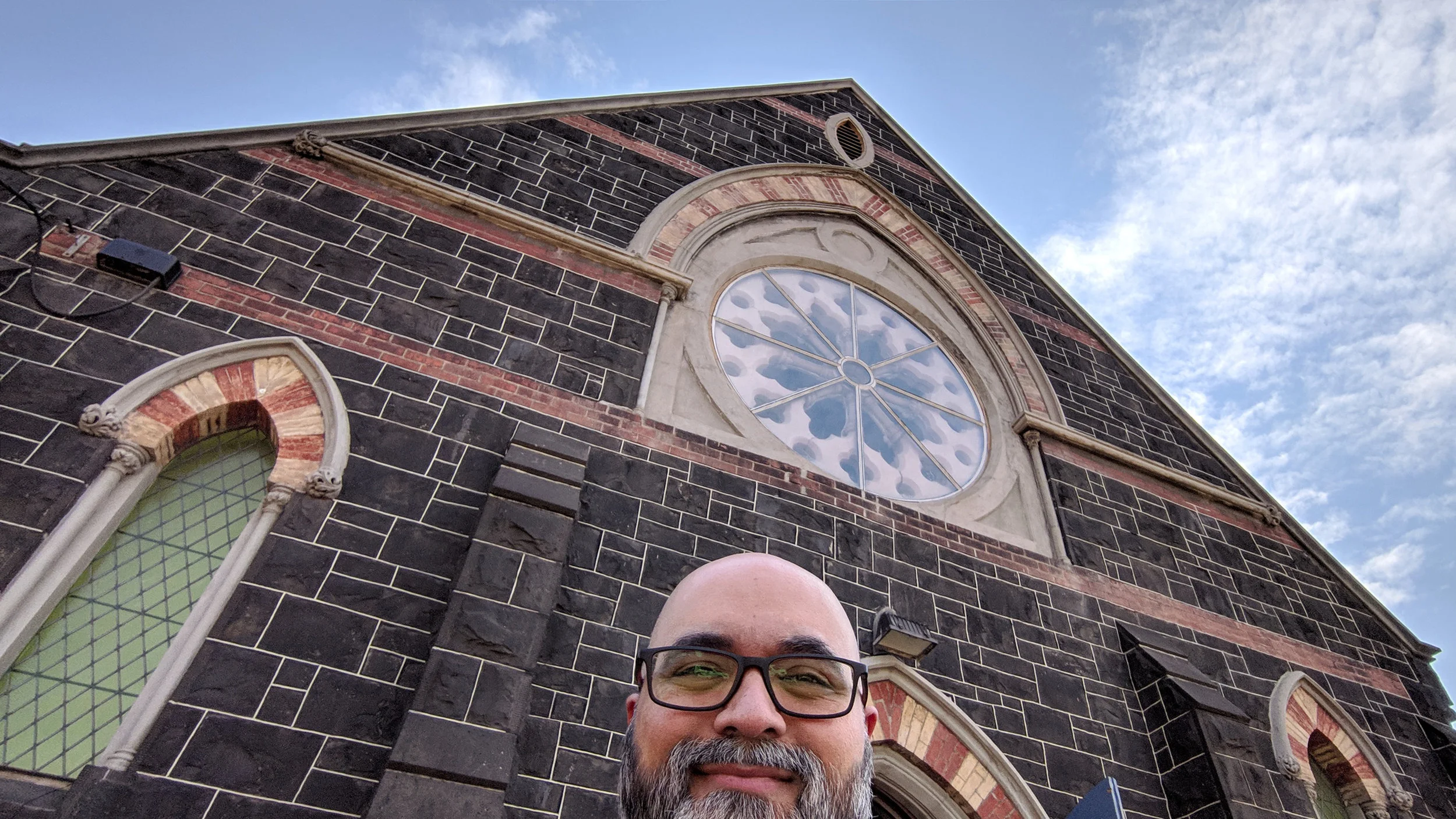 Selfie in front of the Bluestone Church Arts Space on Hyde Street in Footscray.