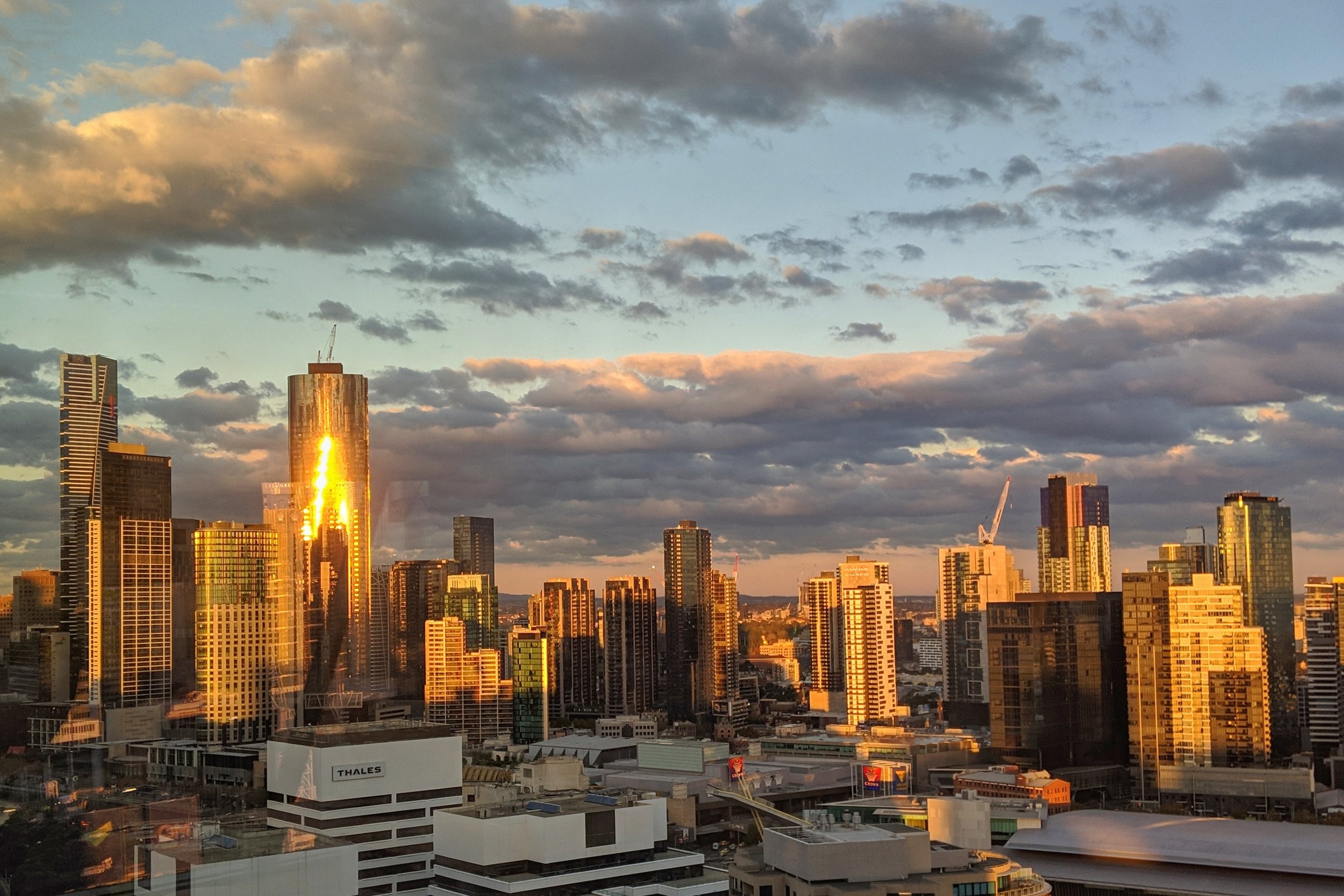 Bright reflection, big shadow, puffy clouds.