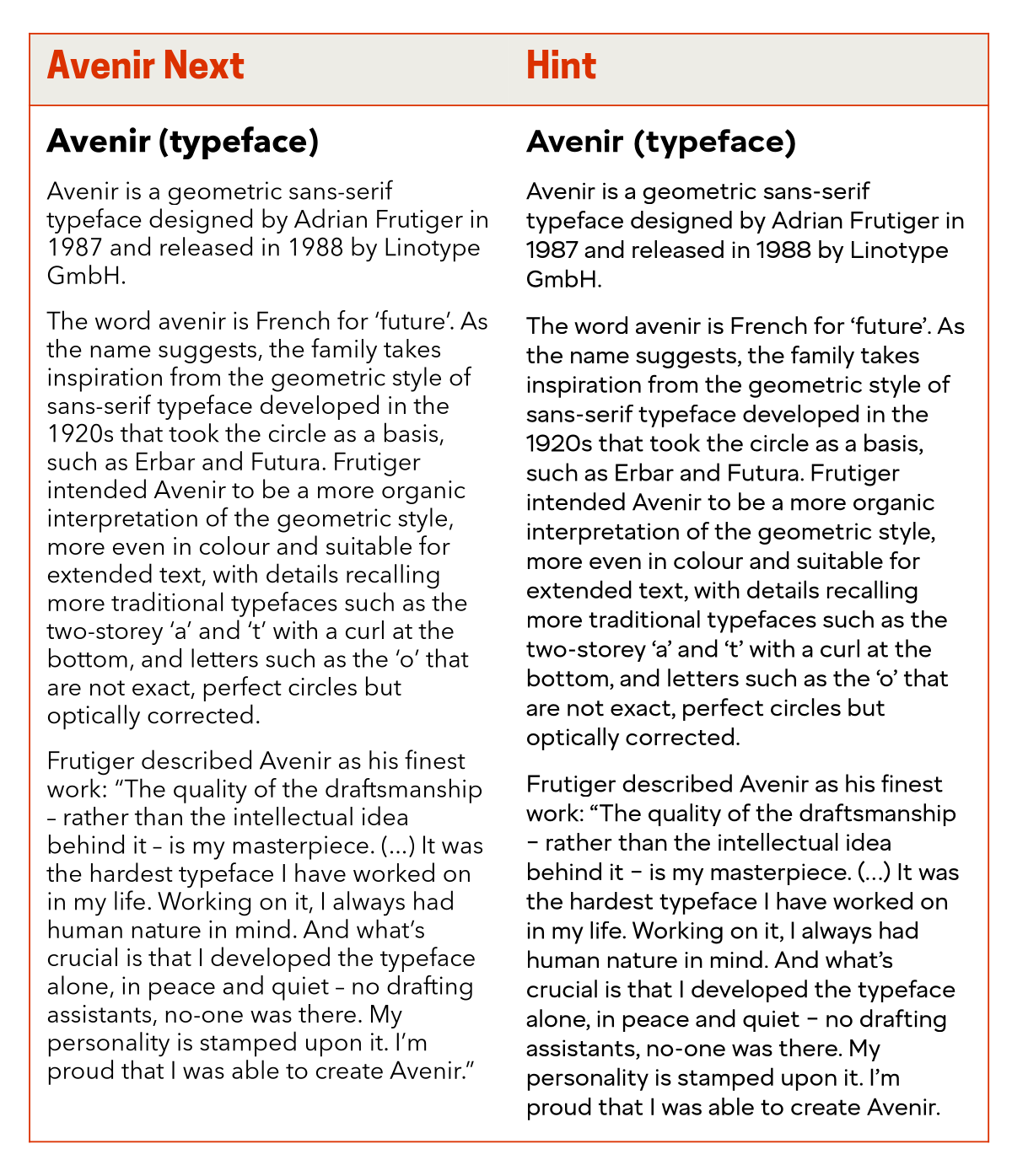 Graphic comparing a block of text set in Avenir Next with text set in Hint.