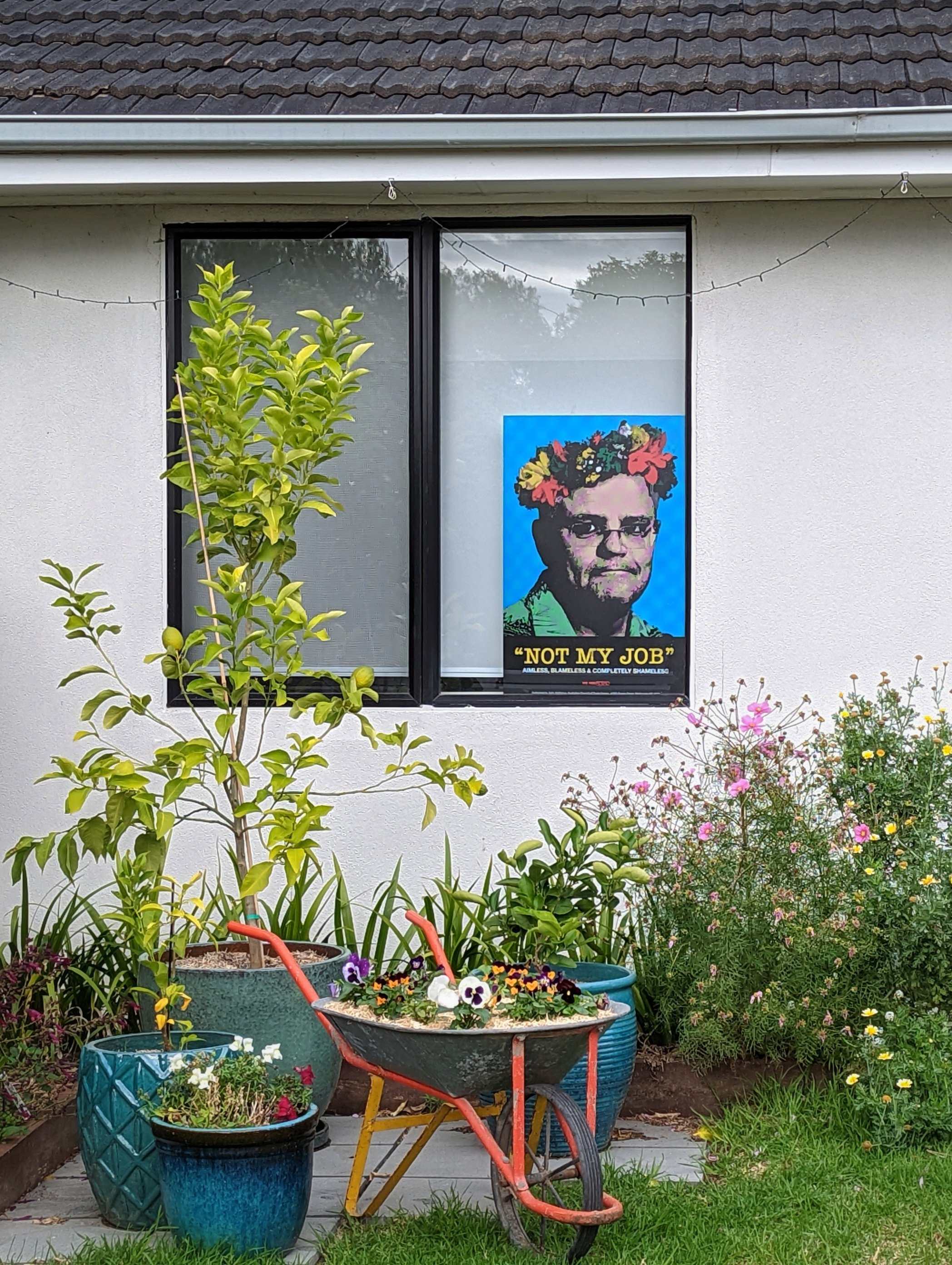  Photo of an election sign installed in the window of a house. The sign shows Australian prime Minister Scott Morrison wearing Hawaiian shirt and a garland of flowers on his head. Below that is text that reads, in quotation marks, “NOT MY JOB”. 