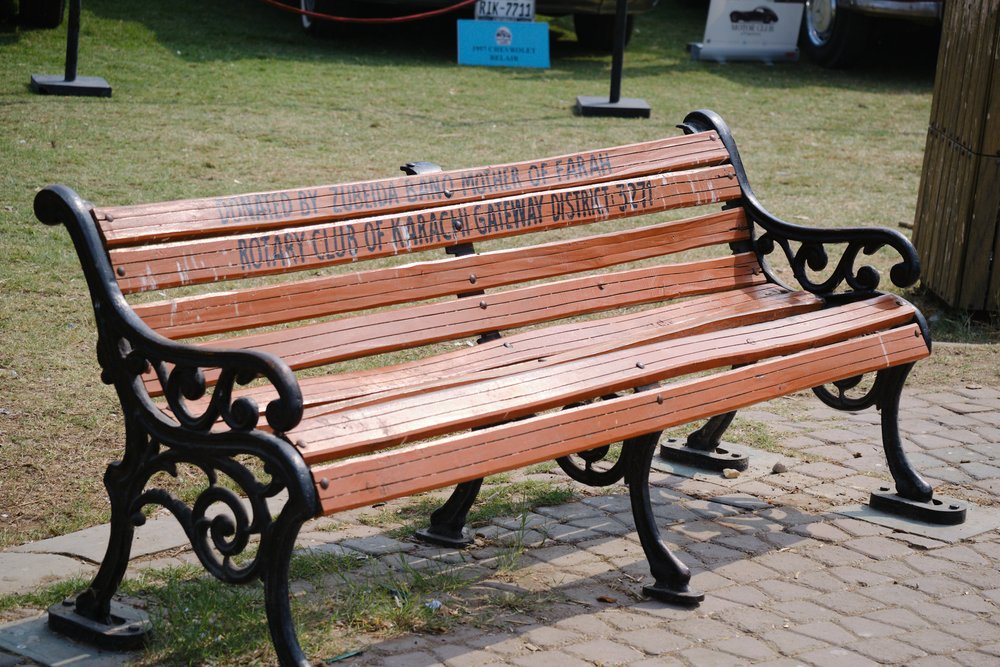 Park bench at Antique Car Show Karachi 2024