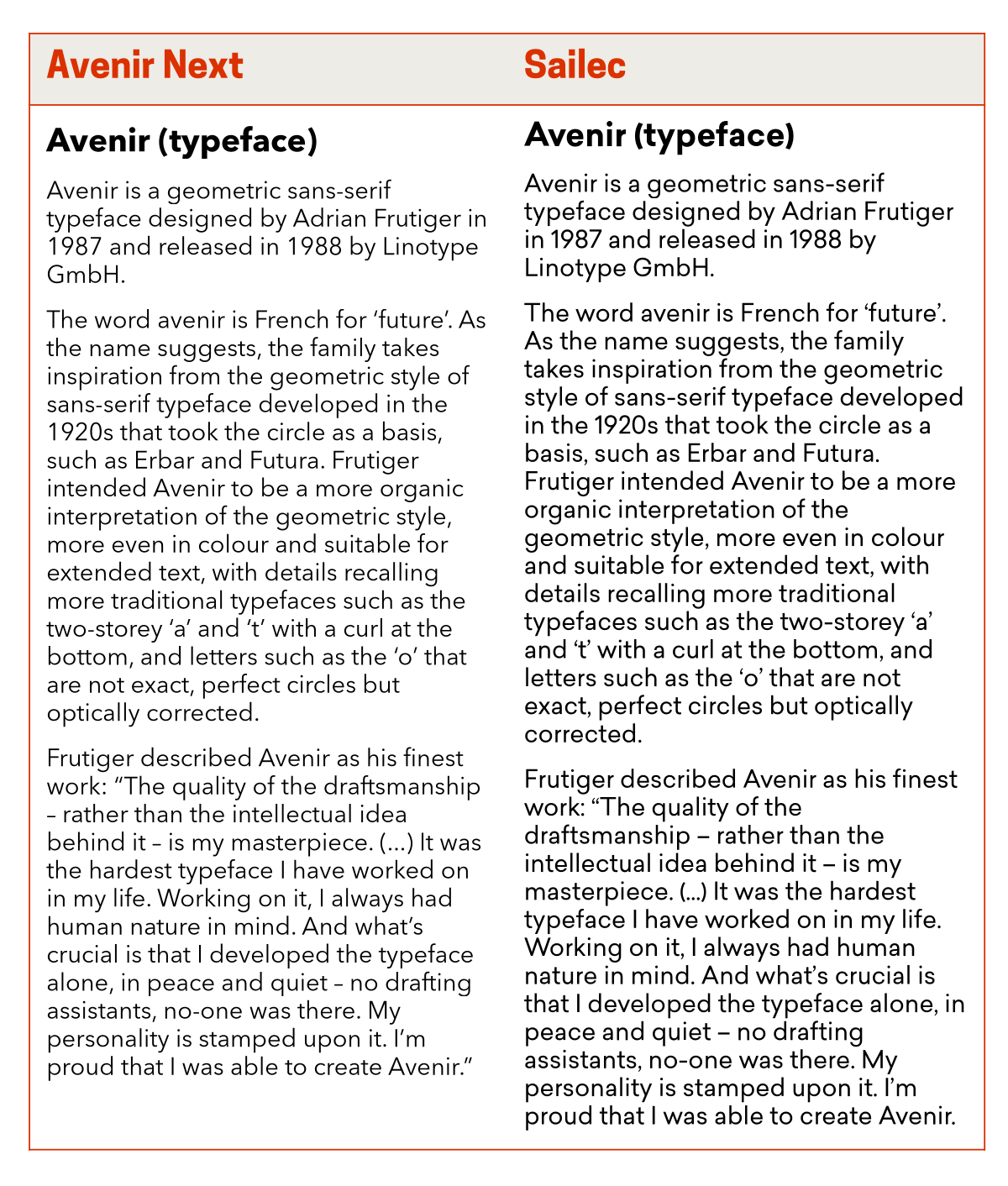 Graphic comparing a block of text set in Avenir Next with text set in Sailec.