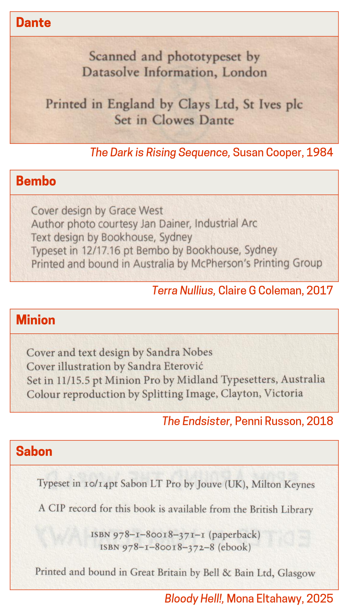 Typefaces on book copyright pages
