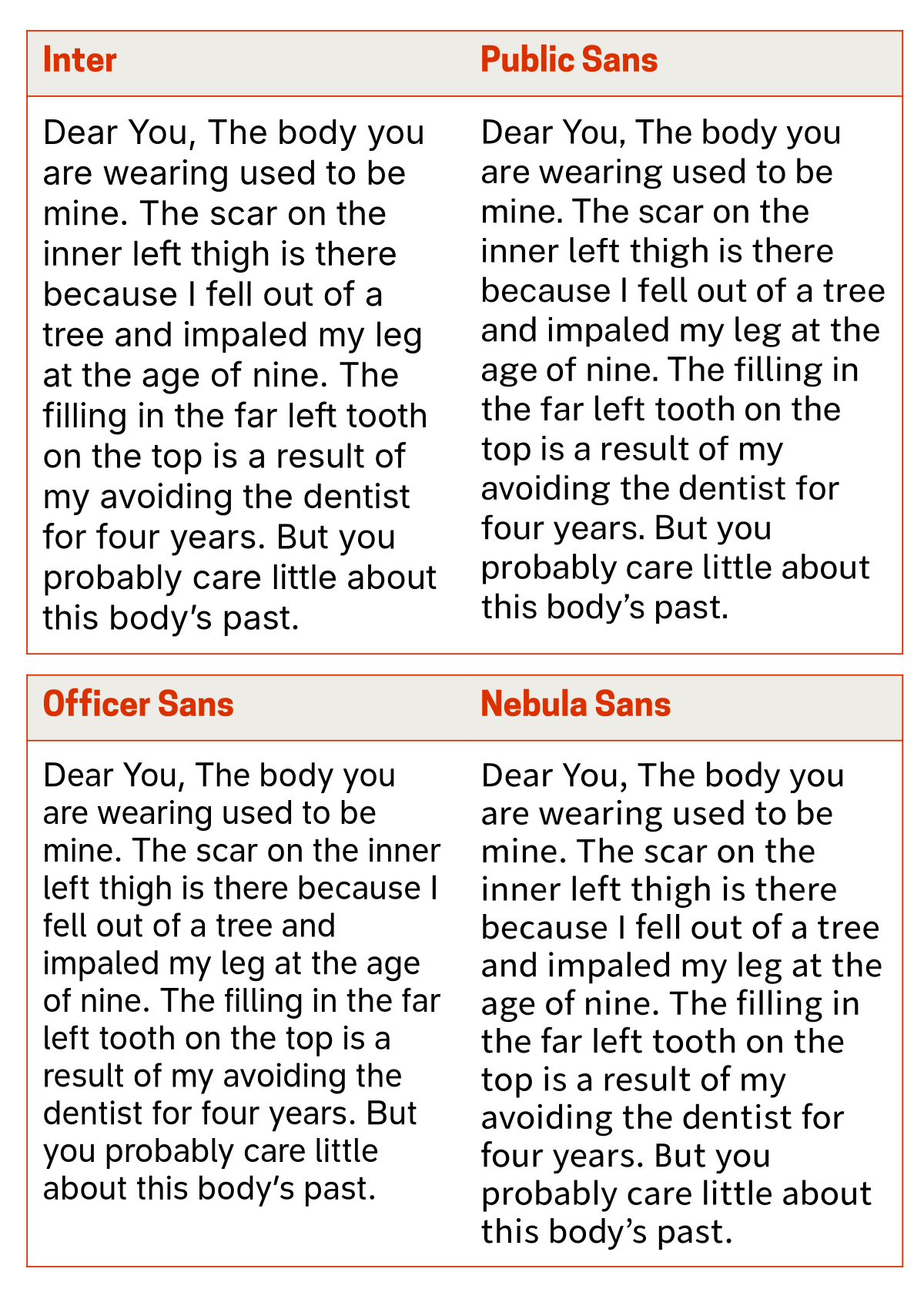 Graphics showing text set in Inter, Public Sans, Officer Sans, and Nebula Sans.