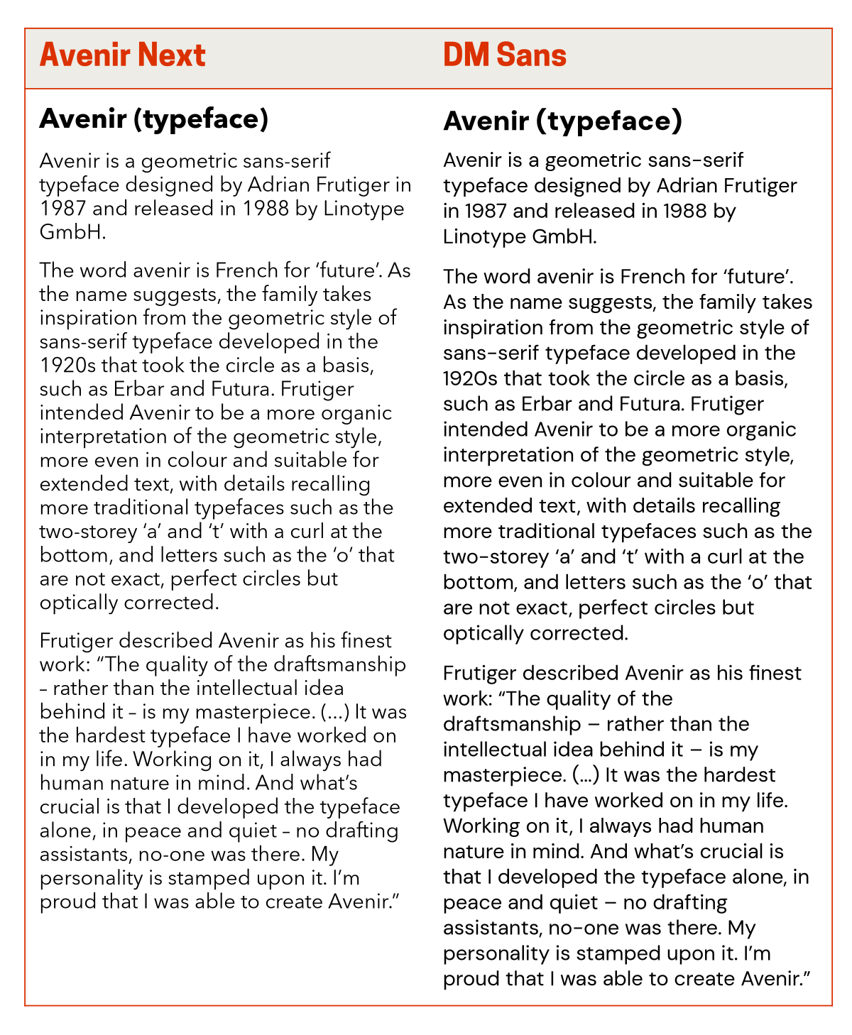 Graphic comparing a block of text set in Avenir Next with text set in DM Sans.