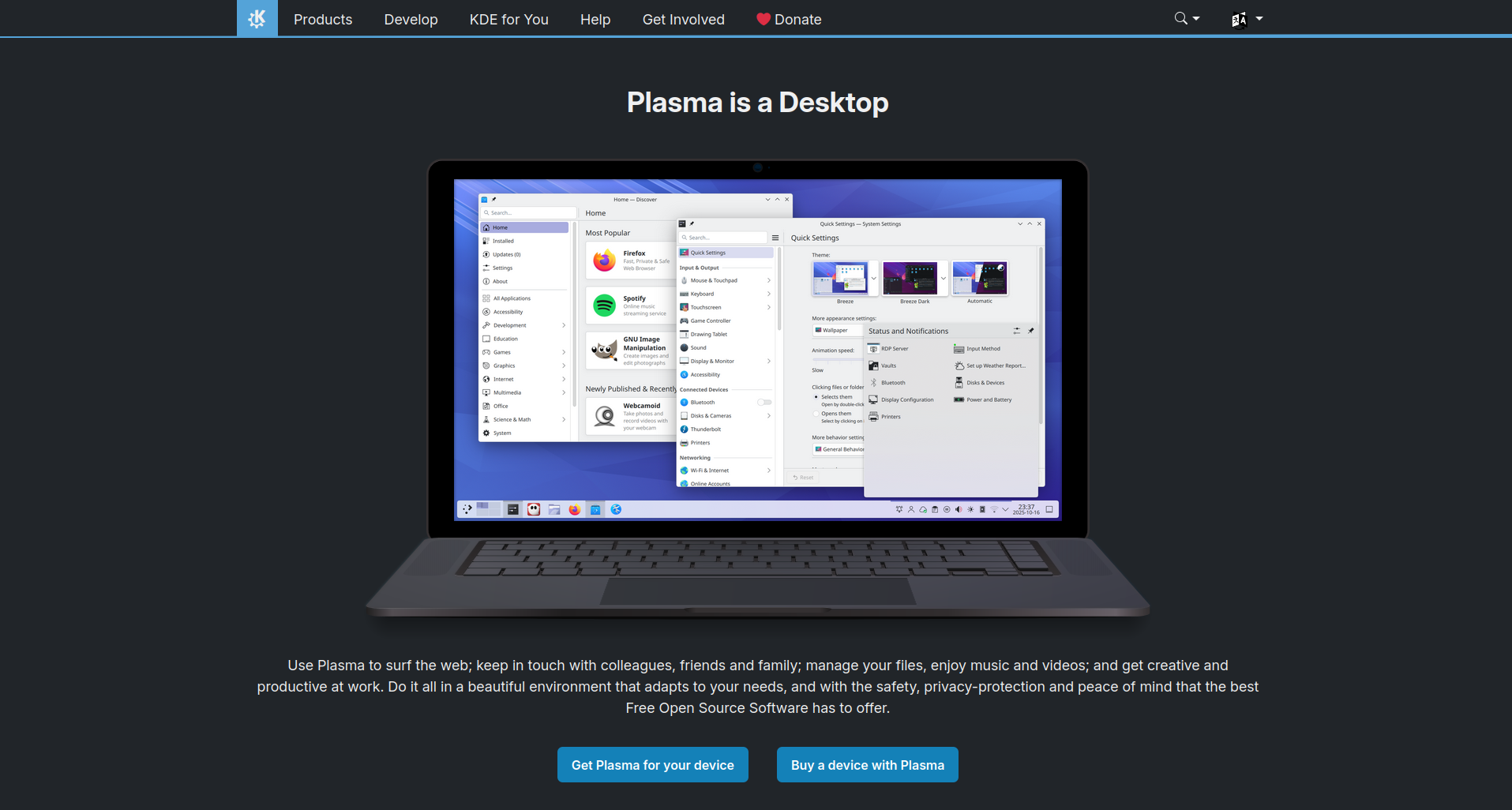 Screenshot of the KDE Plasma Desktop website