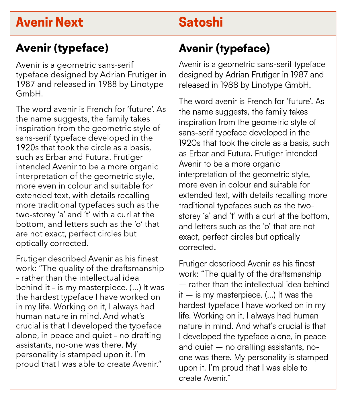 Graphic comparing a block of text set in Avenir Next with text set in Satoshi.