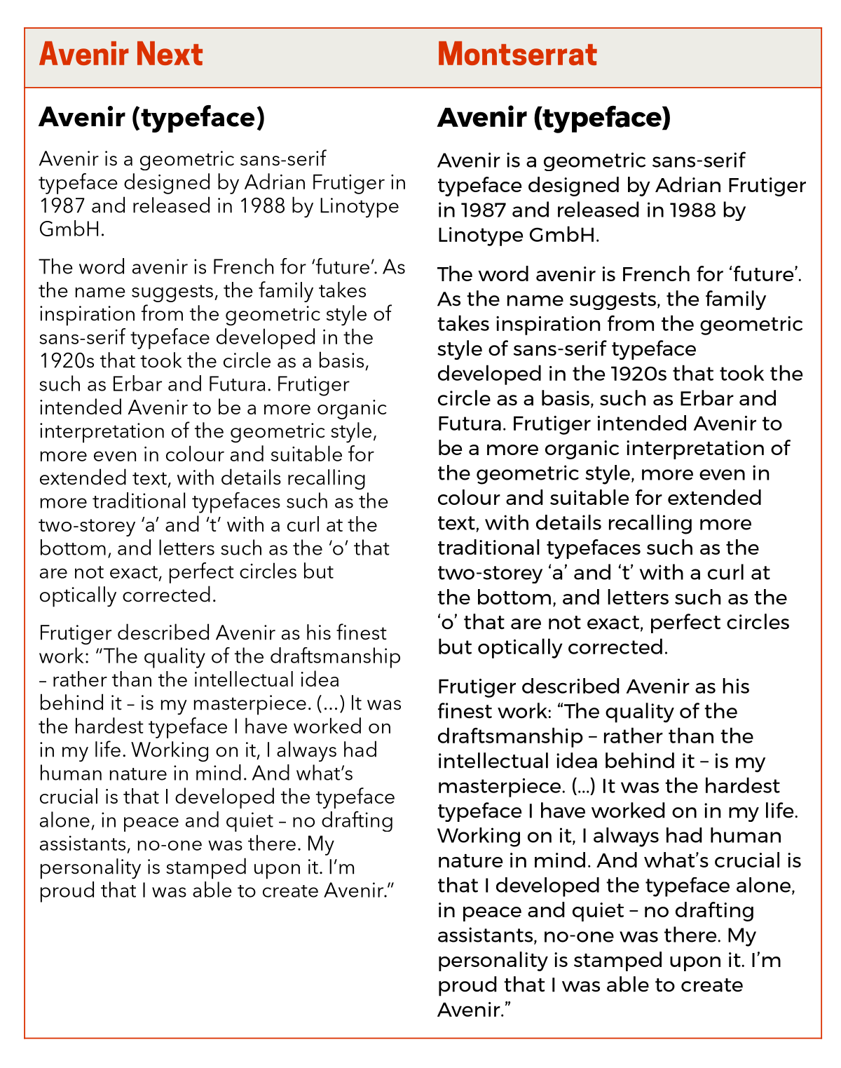 Graphic comparing a block of text set in Avenir Next with text set in Montserrat.