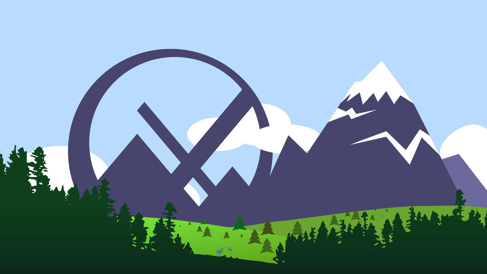 Desktop wallpaper graphic depicting a forest and mountain range in which the MX Linux logo has been incorporated into mountains shown in the background