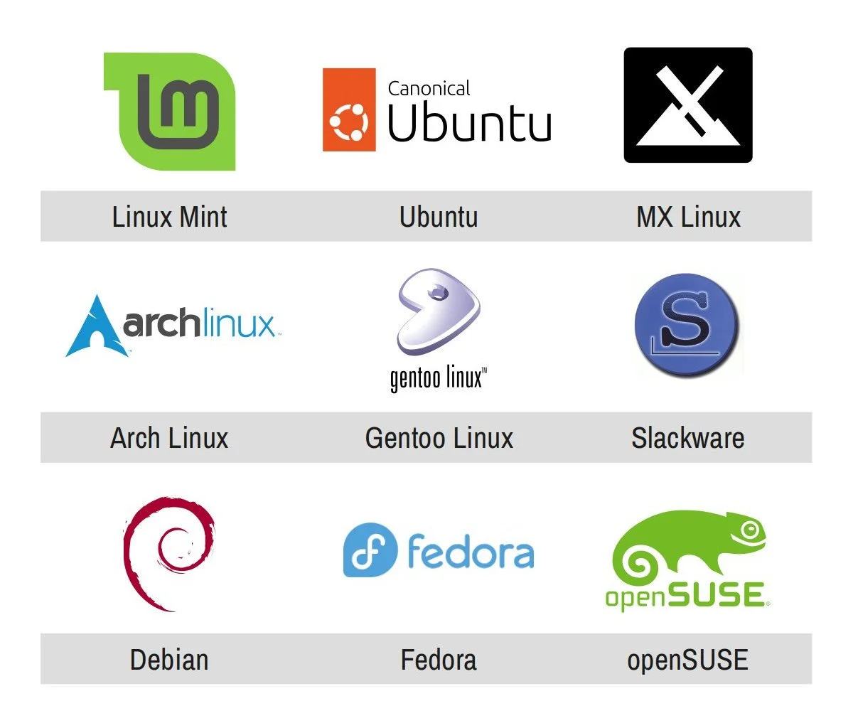 Graphic showing the logos and titles of nine Linux distributions: Linux Mint, Ubuntu, MX Linux, Arch Linux, Gentoo Linux, Slackware, Debian, Fedora, openSUSE