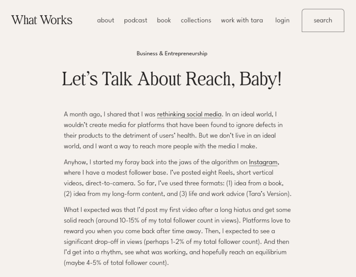 Screenshot of Tara McMullin's What Works website