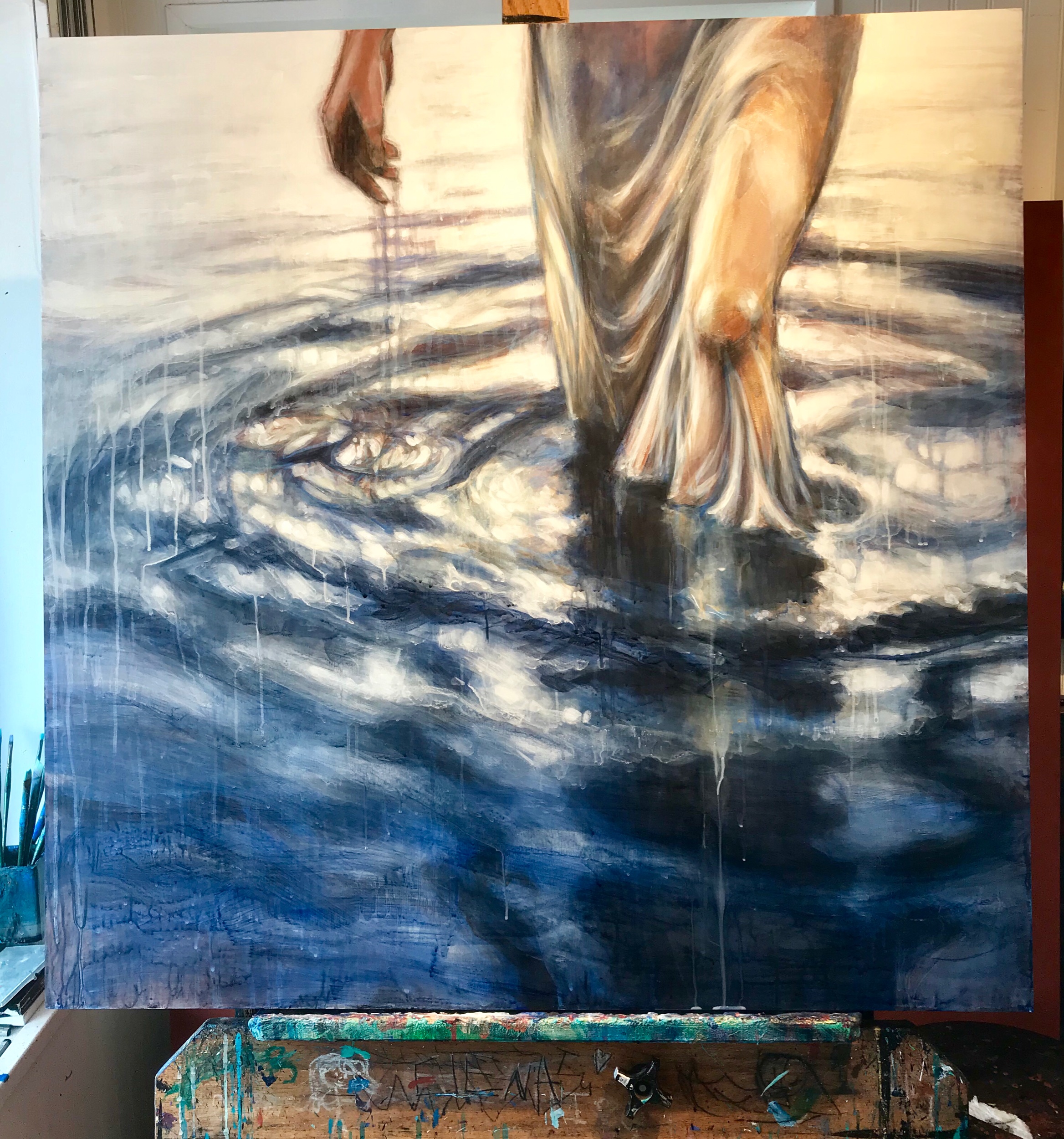 “Find the River” 36x6”conte’and acrylic on cradled birch panel