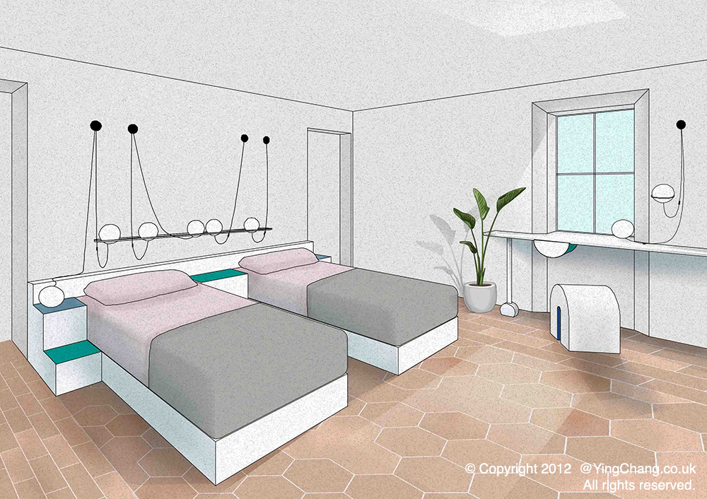 Twin room, terracotta flooring, one off lighting and furniture design.