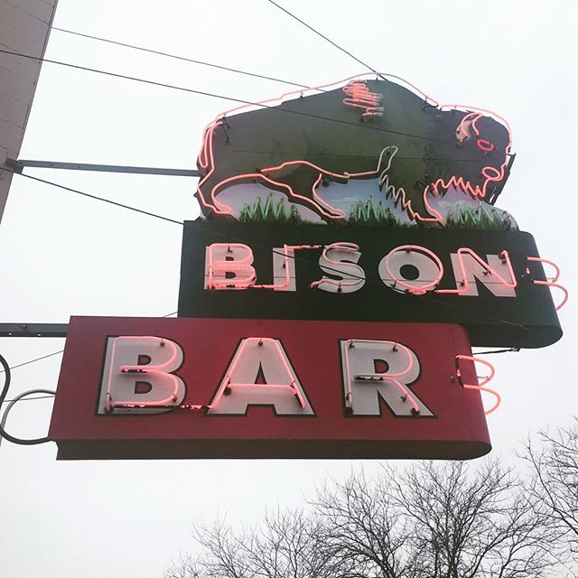 Ninja Sara is driving across the north plains: &quot;The horses will not ride, the gospel won't be spoken&quot; -@Tombrosseau
:
:
:
#roadtrip #poetry #Dakota #bigsky #signage #typography #roadside #art #bison #bar #neon #playlist #adventure #opportun