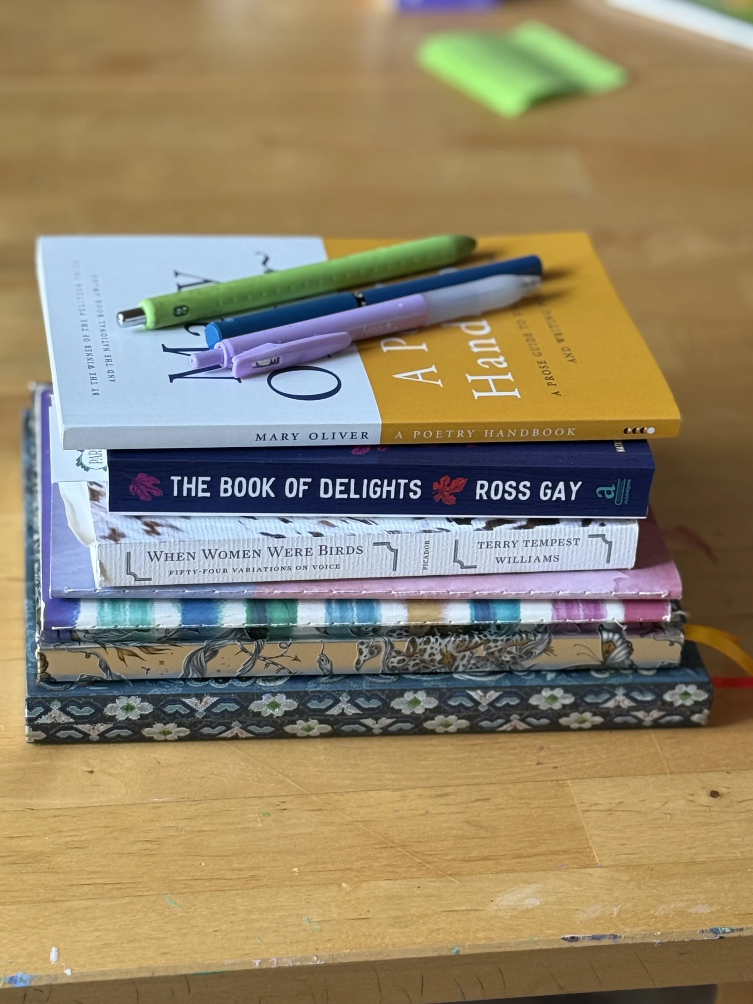 A stack of poetry and nature books with journals and pens resting on top. Mary Oliver’s A Poetry Handbook, Ross Gay’s The Book of Delights, and Terry Tempest Williams’ When We Were Birds are visible among the books.