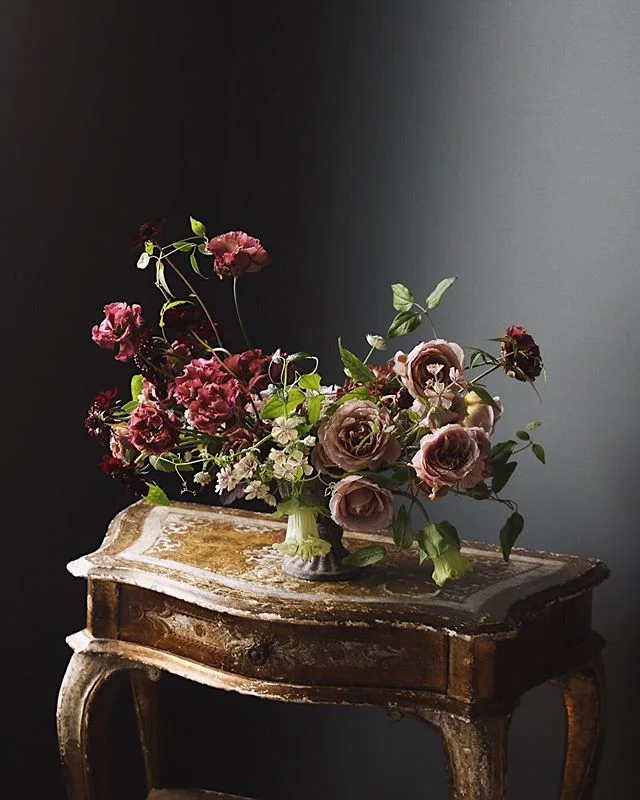 Wabara Roses, Lisianthus, Scabious, Phlox, Chocolate Cosmos and Summer vines.