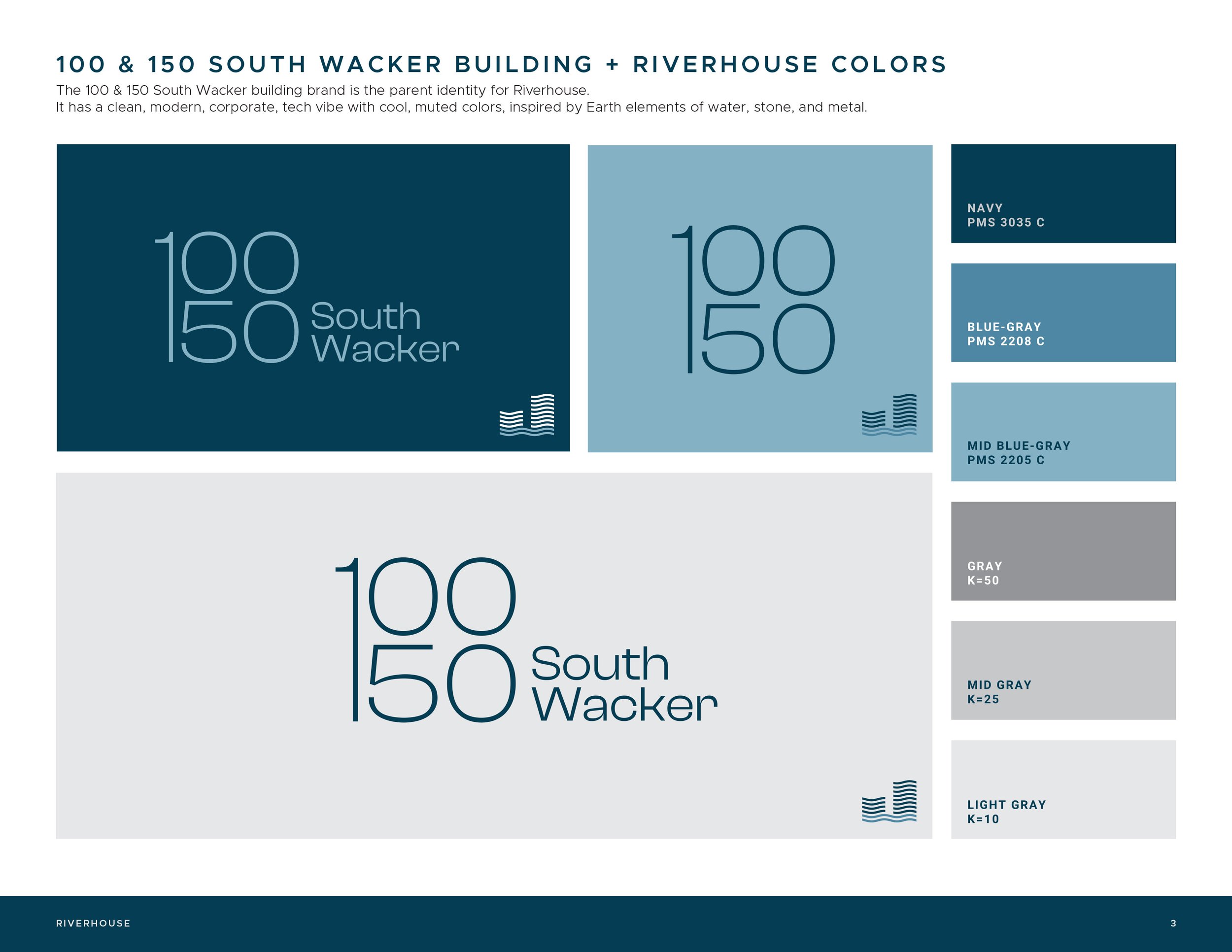 Riverhouse Brand Guide 100 &amp; 150 Wacker Drive building brand page by Dorey Kronick
