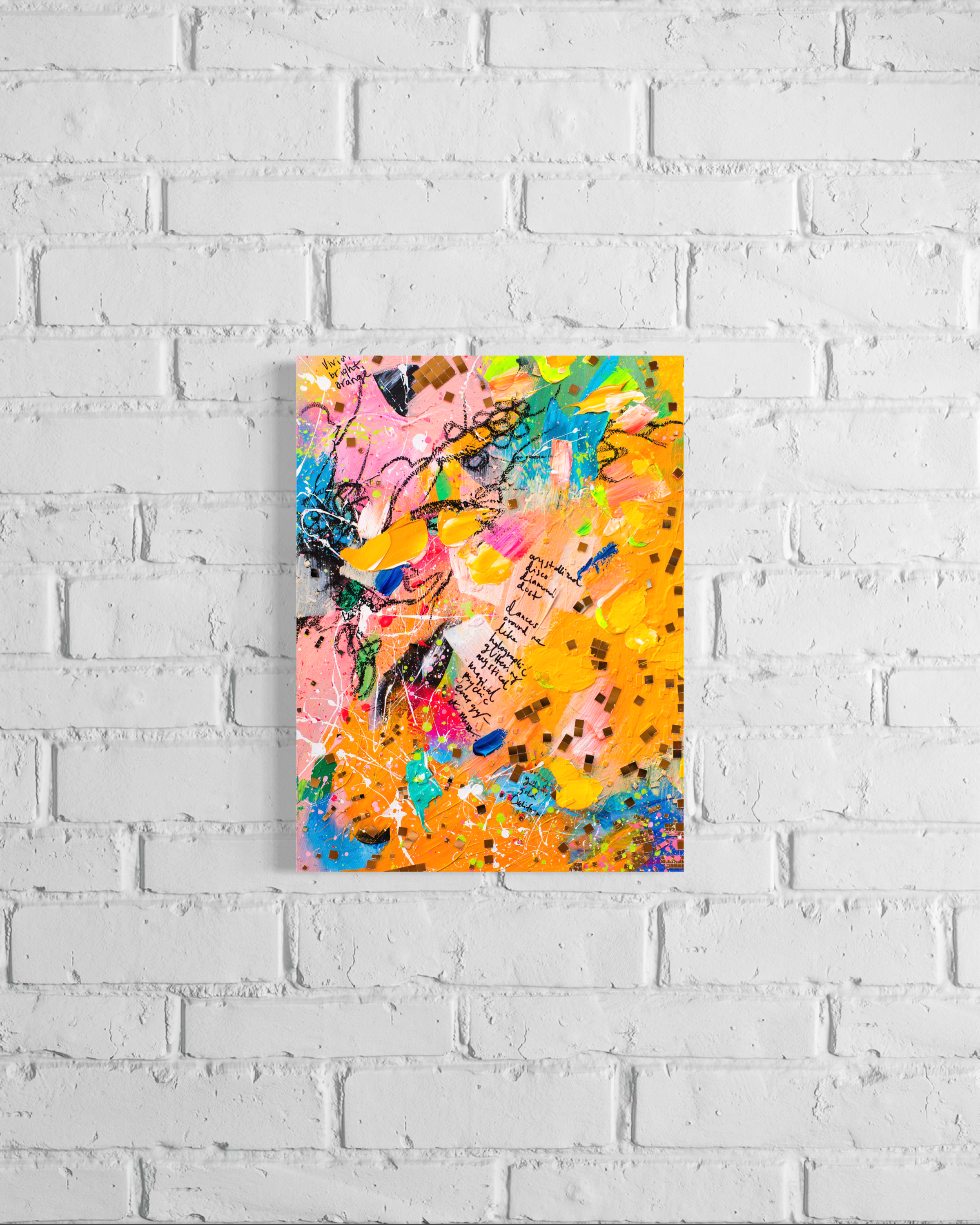 "Disco Diamond Dust #1" Mixed Media art on canvas mockup on white brick wall by Dorey Kronick