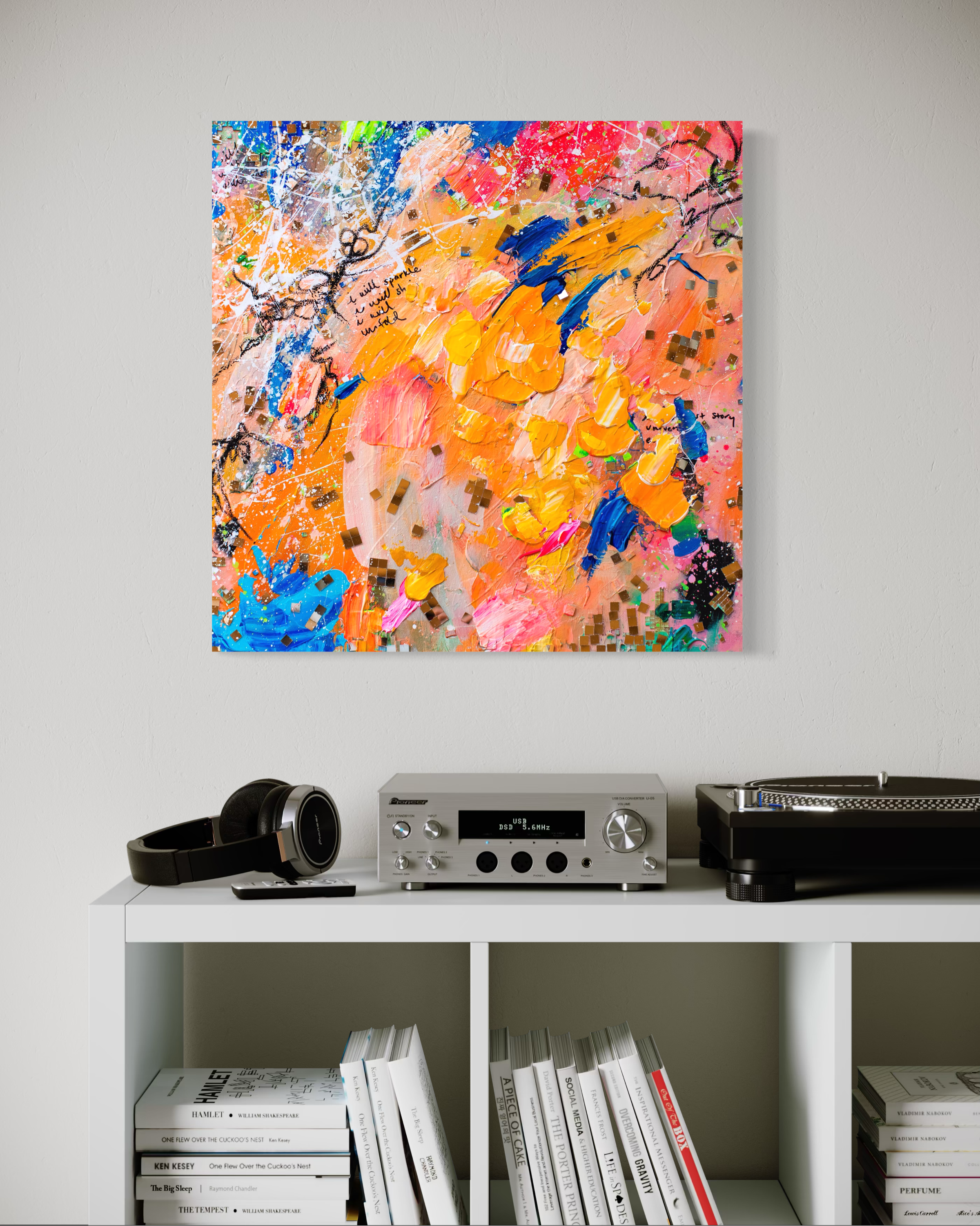 "Disco Diamond Dust #2" Mixed Media art on canvas mockup on white wall above a record player, headphones, and a white book shelf by Dorey Kronick