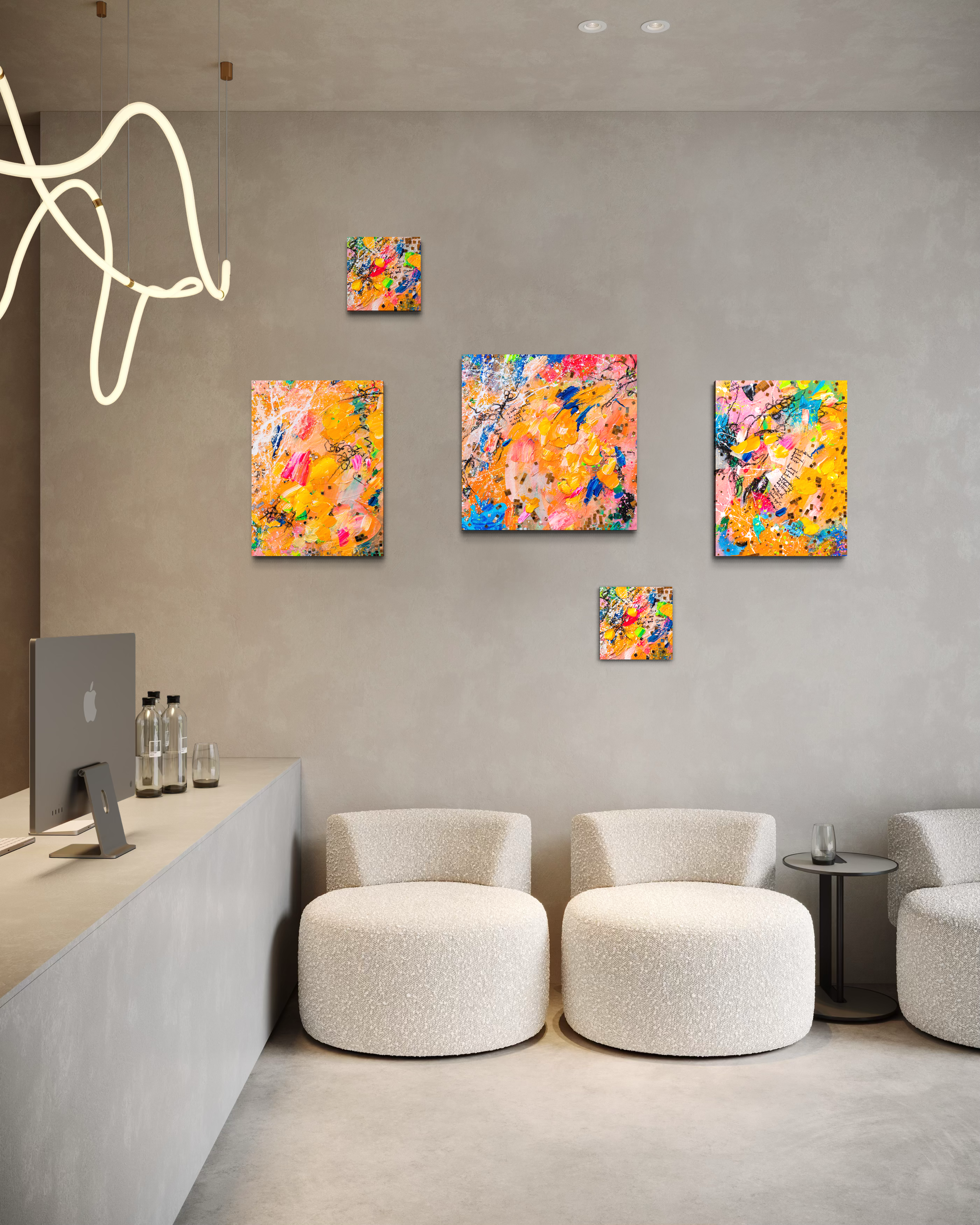 "Disco Diamond Dust" Mixed Media art series on canvas mockup on a wall in a modern hotel lobby interior with white futuristic chairs a Mac computer and an abstract hanging light fixture by Dorey Kronick