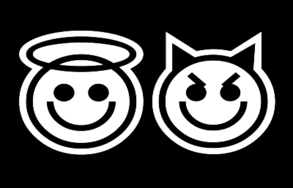 A black and white image of good vs evil smiley faces