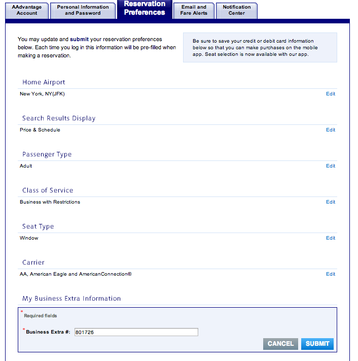  The above is an example of the fields found on aa.com, where you may enter it into your frequent flyer profile, which often results in an automatic 10% discount on select aa.com flights (adjusted in the prices listed in the booking engine).