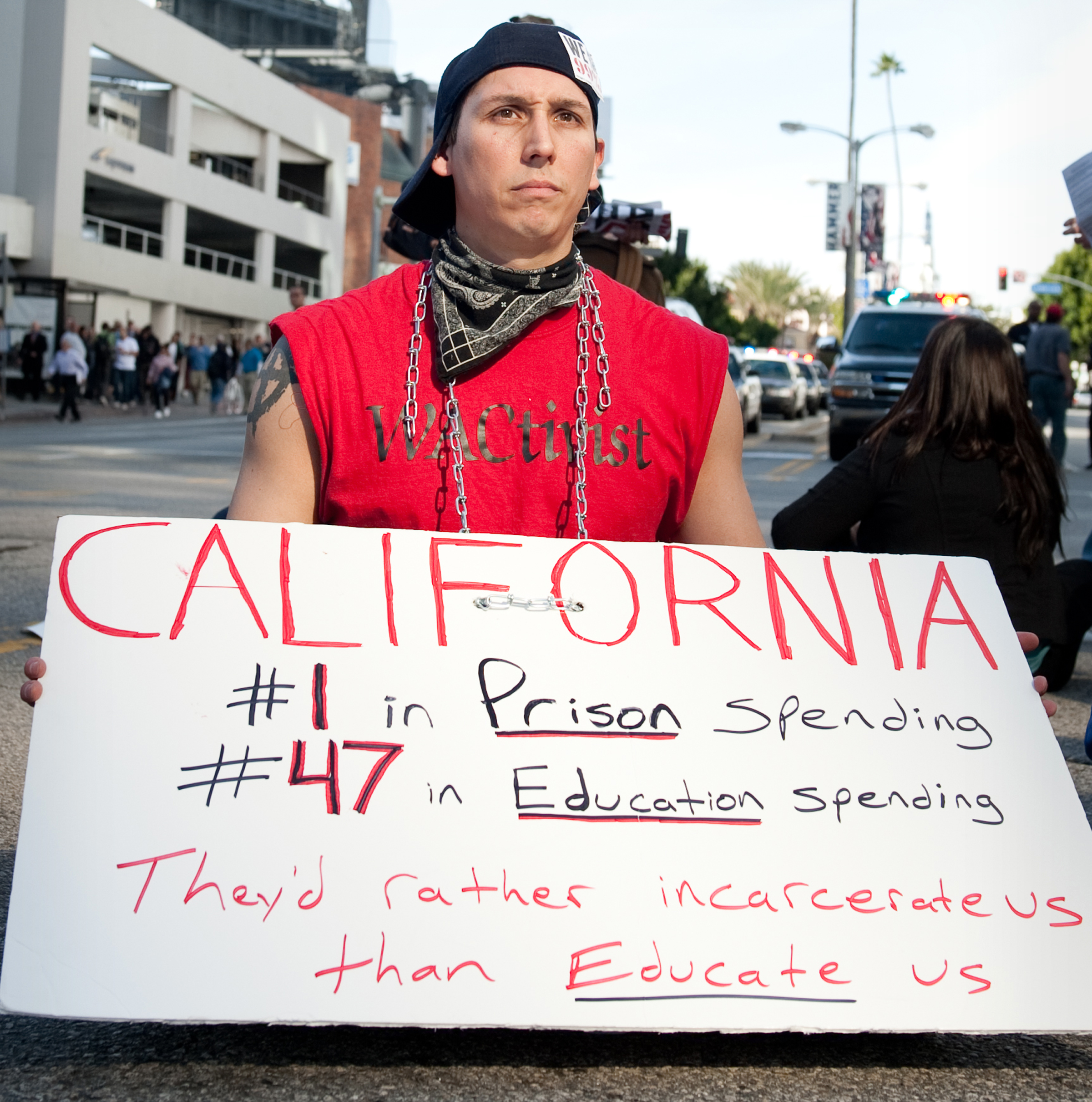  LOS ANGELES, CA – Mathew Sandoval, a fifth-year graduate student in the world arts and cultures department, sits peacefully in the center of the intersection of Westwood and Wilshire Boulevards&nbsp;on Thursday, November 10, 2011. 