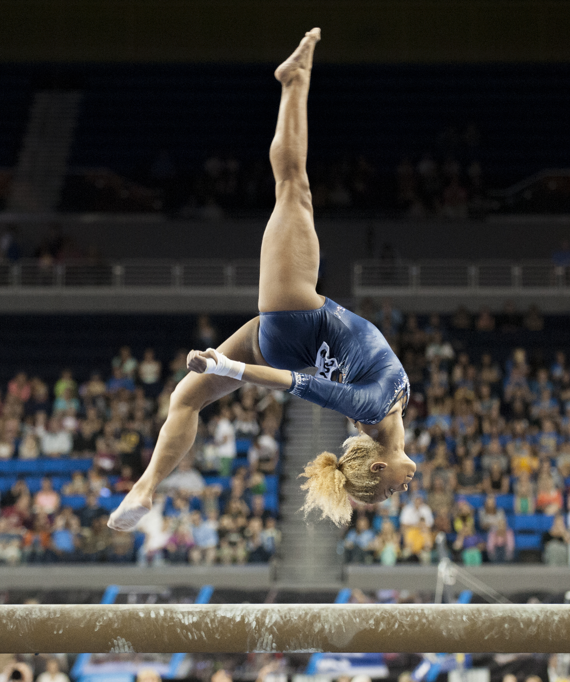  LOS ANGELES, CA – Freshman Danusia Francis performs on beam at the NCAA Gymnastics Team Finals at Pauley Pavilion on Saturday, April 20, 2013. 