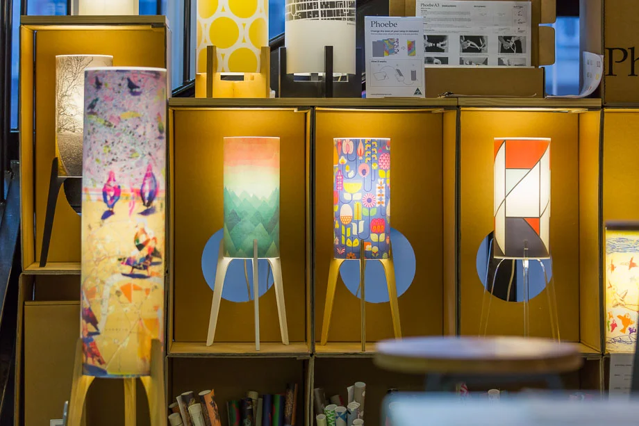 Image showing Phoebe lamps with my blue 'Abundance' artwork insert in the middle. Please visit their website here for all lamp enquiries.