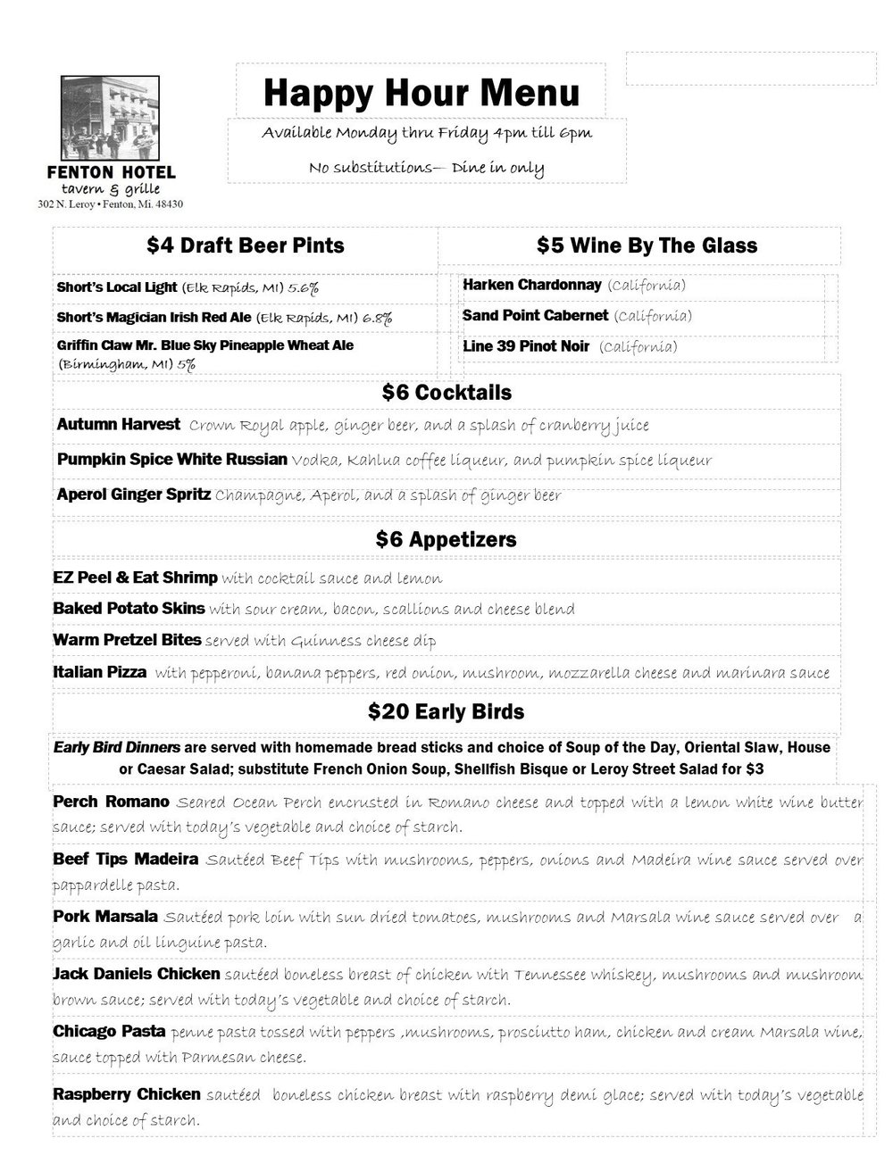 SAMPLE HAPPY HOUR MENU — Fenton Hotel