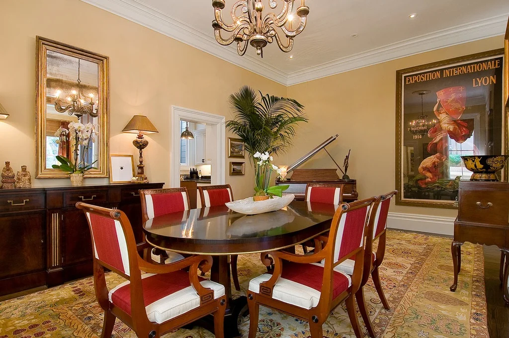 Pacific Heights formal dining room interior design with custom upholstery and crown molding - San Francisco Interior Designer