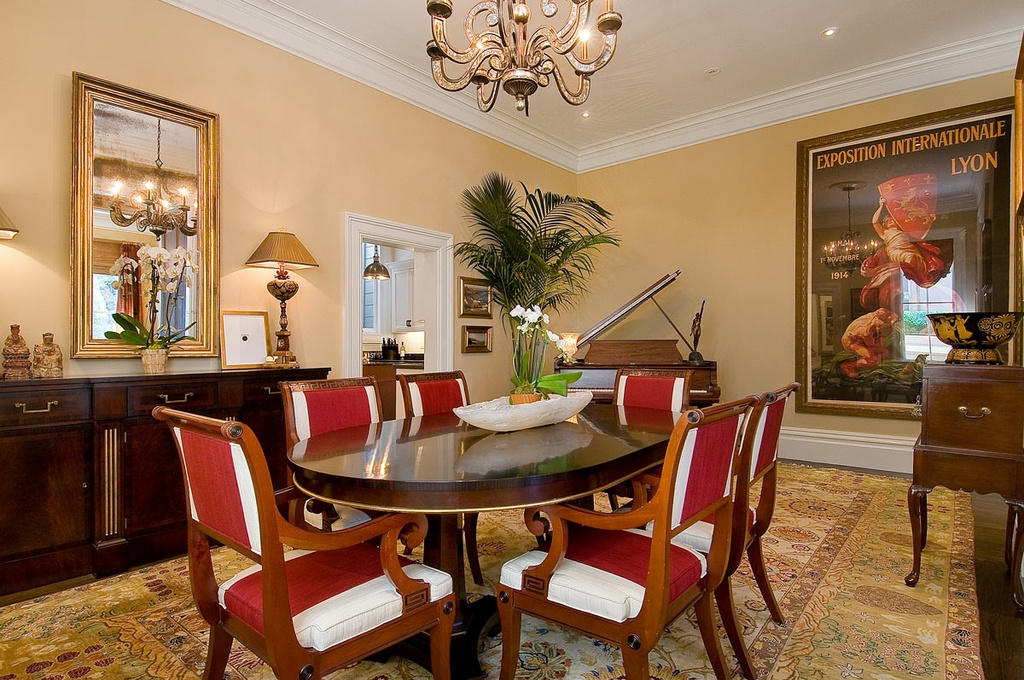 Pacific Heights formal dining room interior design with custom upholstery and crown molding - San Francisco Interior Designer