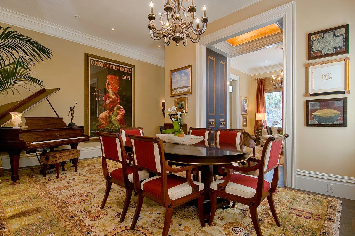 Pacific Heights dining room interior design with custom upholstery and crown molding - San Francisco Interior Designer