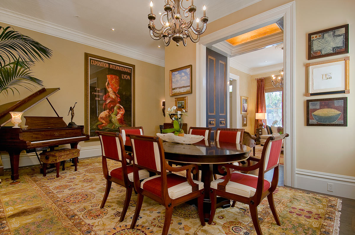 Pacific Heights dining room interior design with custom upholstery and crown molding - San Francisco Interior Designer