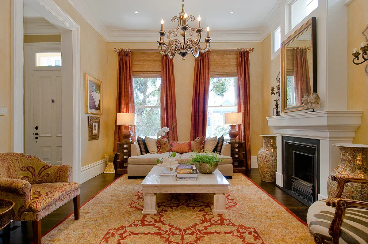 Pacific Heights living room interior design with custom draperies and roman shades - San Francisco Interior Designer
