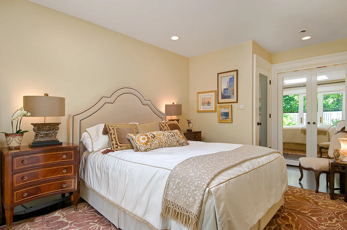 Pacific Heights guest bedroom interior design with custom bedding - San Francisco Interior Designer
