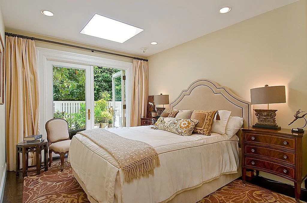 Pacific Heights guest bedroom interior design with custom bedding and drapes - San Francisco Interior Designer