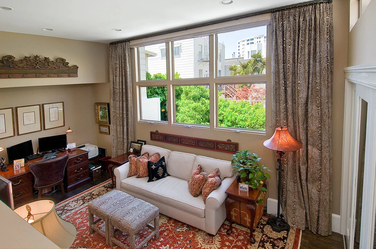 Pacific Heights home office interior design with custom draperies - San Francisco Interior Designer