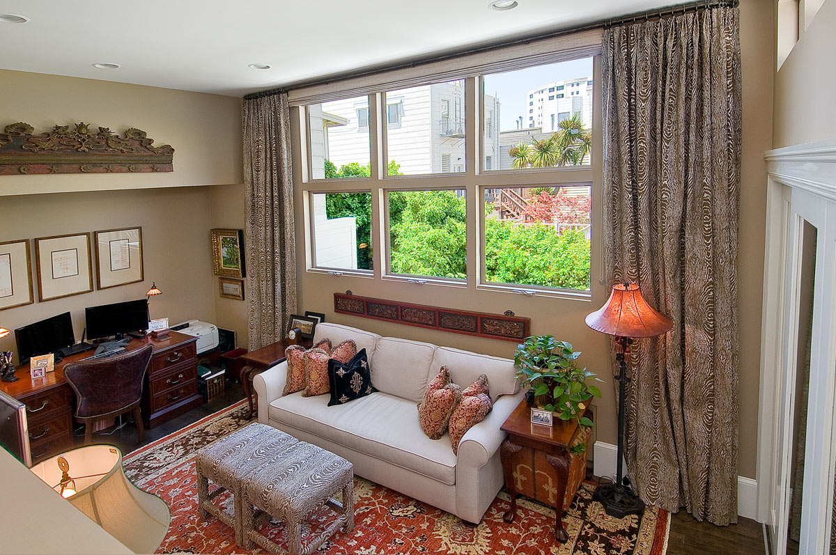 Pacific Heights home office interior design with custom draperies - San Francisco Interior Designer