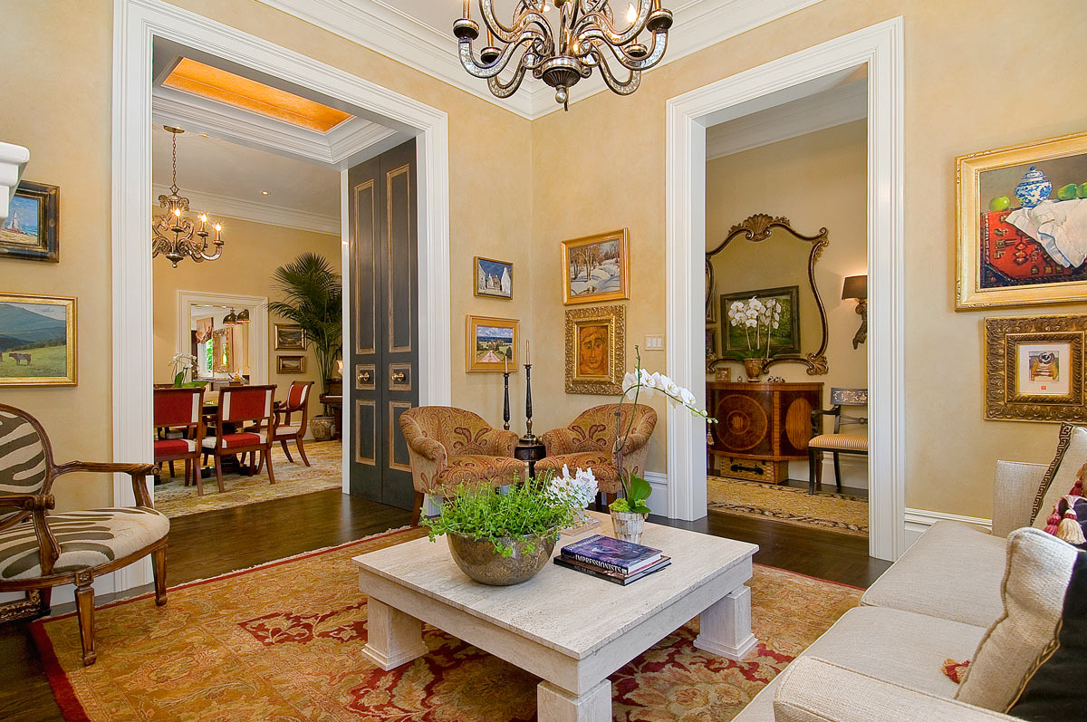 Pacific Heights living room interior design with custom upholstery and crown molding - San Francisco Interior Designer