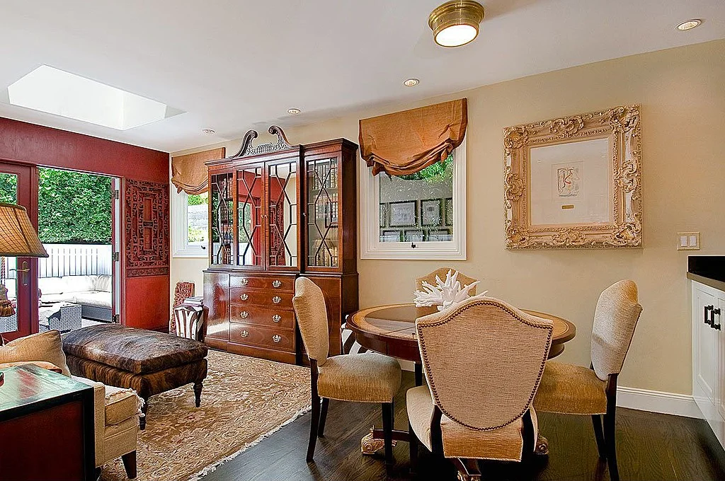 Pacific Heights media room interior design with custom silk roman shades- San Francisco Interior Designer