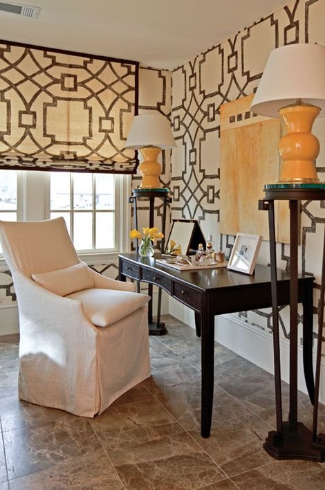 Forrest_Glover_Design_Importance_of_vertical_Pattern_matching_Custom_Window_Treatments_Fretwork Wallpaper - Contemporary - den_library_office - Traditional Home.jpeg
