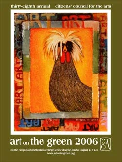 The 2006 Poster Contest Winner was Alan McNeil of Troy, Montana. Alan has won 6 other awards from Art on the Green, including a prior poster in 1997, and the Best of Show Award in 1999. Alan McNeil's paintings are found in public and private art collections throughout the world. Since earning a Masters Degree from the University of Montana in 1987, McNeil has worked with a variety of media including wood-fired ceramics, sculpture, and painting, Most recently he has developed a unique series of mixed-media paintings which combine oil paint, encaustic, and black and white photography.