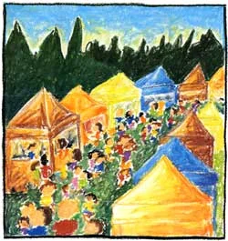The 2000 Poster Design Contest Winner is Sara Schroeder . Sara Schroeder is a freelance artist currently living in Gainesville, Florida with her husband and son. Born and raised in north Idaho, Art on the Green has been a favorite summertime event for as long as she can remember. Sara's artistic style revolves around whimsy and color, freedom and movement. The crowds of people at Art on the Green inspire just such a festive, carefree feeling -- proposing perfect subject matter for one of her illustrations. Currently Sara is working on a children's book and hopes to continue successfully in that field.