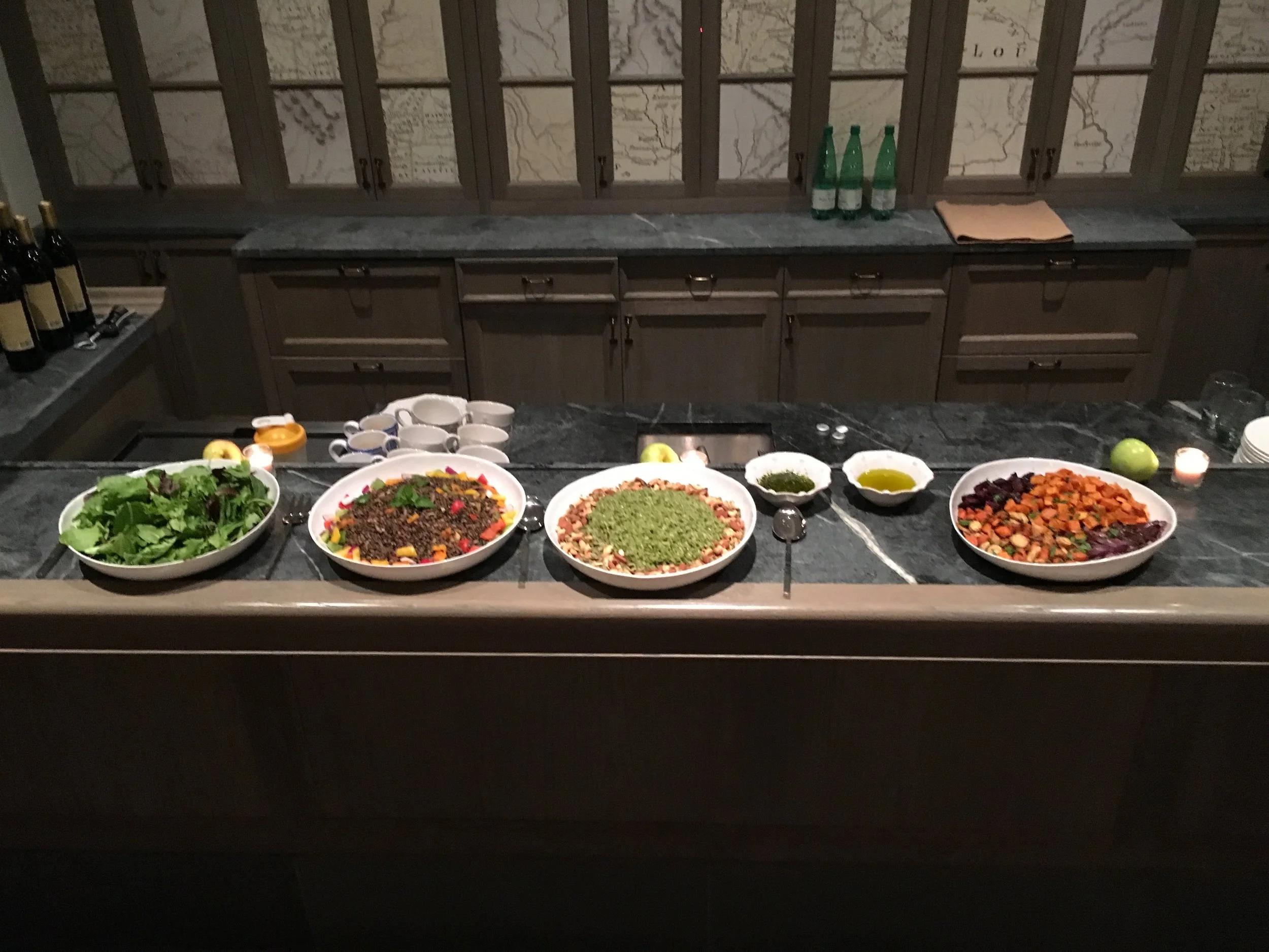 Dinner is served, Simple Salad, Minty Lentil Salad, Brown Rice risotto with nuts, Roasted Root Vegetables.
