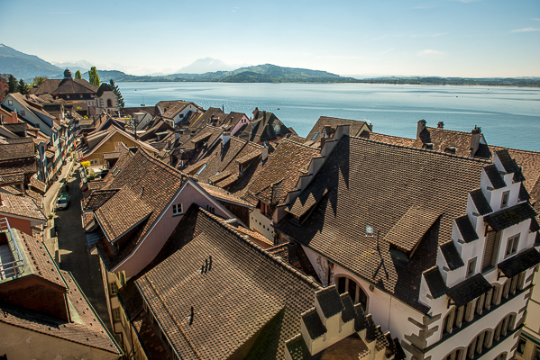 Downtown Zug, Switzerland from inside a clock tower.