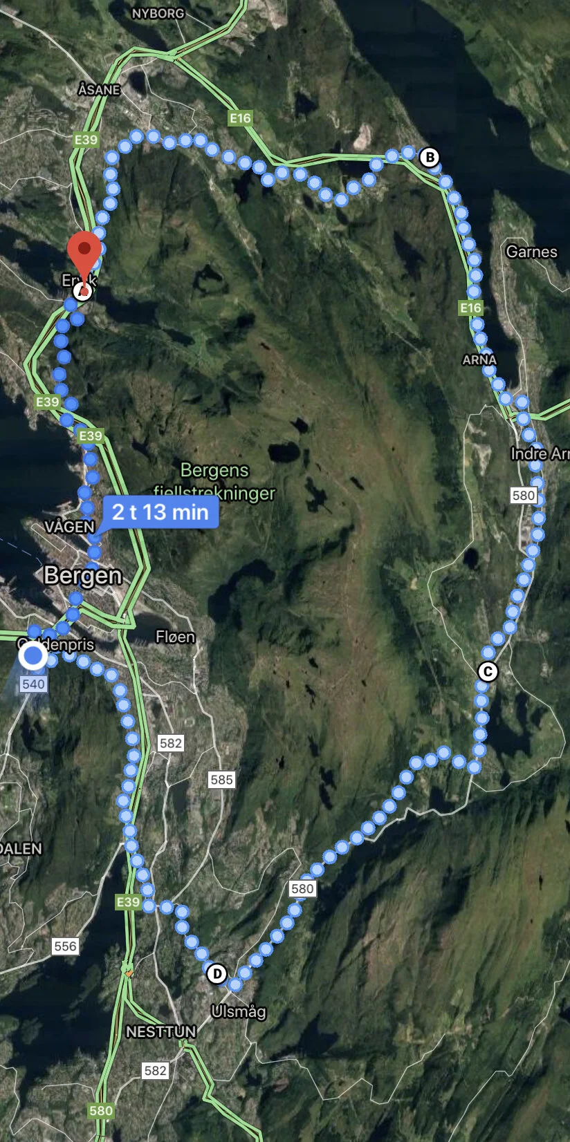 50.5 kilometres, according to Google Maps, divided into five sections of similar length.